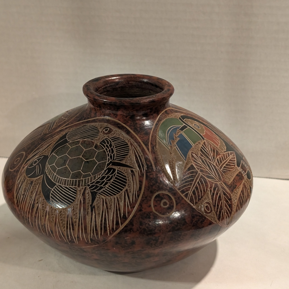 Vintage Carved Clay Pottery Vase Turtle, Fish and Bird.